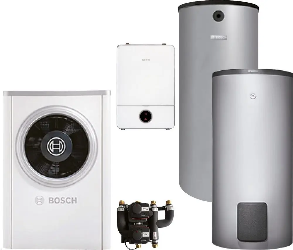 BOSCH Luftwärmepumpen-Paket mit Außeneinheit, zwei Warmwasserspeichern und einer Steuerungseinheit für Heiz- und Warmwasserversorgung.